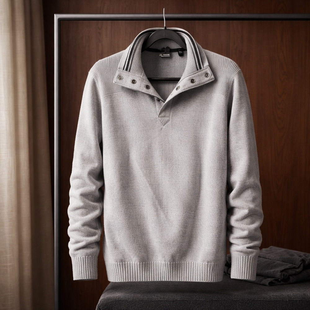 Hugo Boss Gray Button Mock‎ Neck Long Sleeve Pullover Sweater Men's 100% Wool